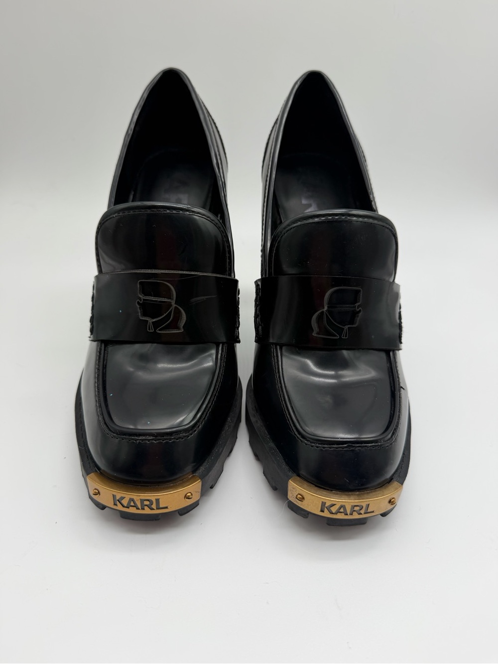 Karl Lagerfeld Black Patent Platform Loafers with Gold Toe Plate Sz 40 EU